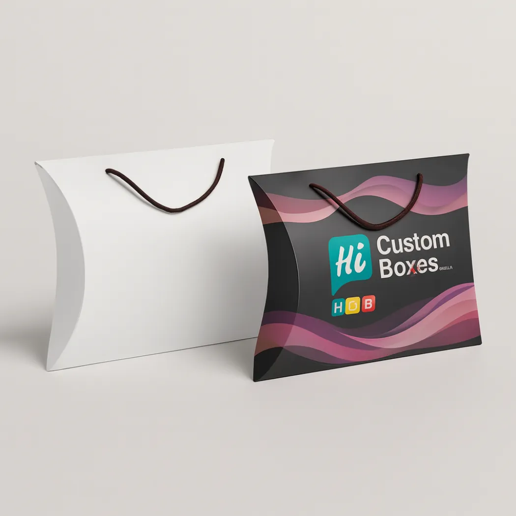 Two pillow boxes with string handles- one plain white and one black with purple waves- class=